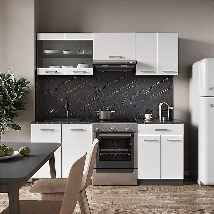 Vicco Küchenzeile R-Line Weiß Hochglanz/Anthrazit, AP Eiche - Breite: 200 cm, Weiß Hochglanz, Ohne Elektrogeräte - Kompakte weiße Küchenzeile mit glänzenden Schränken, schwarzer Marmoroptik-Rückwand, integriertem Herd und Spüle.