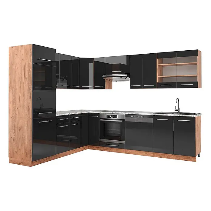 Vicco Eckküche Fame-Line Anthrazit Hochglanz/Goldkraft Eiche, AP Marmor - B x T: 287 x 60 cm, Anthrazit Hochglanz, Ohne Elektrogeräte - L-förmige Küche mit glänzend schwarzen Schränken, Holzdetails, Marmor-Arbeitsplatte, inkl. Backofen, Geschirrspüler, Spüle, Dunstabzugshaube.