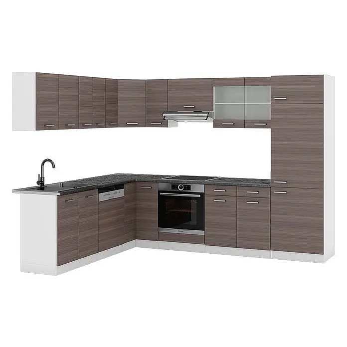 Vicco Eckküche R-Line Edelgrau/Weiß, AP Anthrazit - B x T: 287 x 60 cm, Edelgrau, Ohne Elektrogeräte - L-förmige Küchenzeile in brauner Holzoptik mit dunkler Arbeitsplatte, integriertem Backofen, Kochfeld, Spüle und Geschirrspüler.