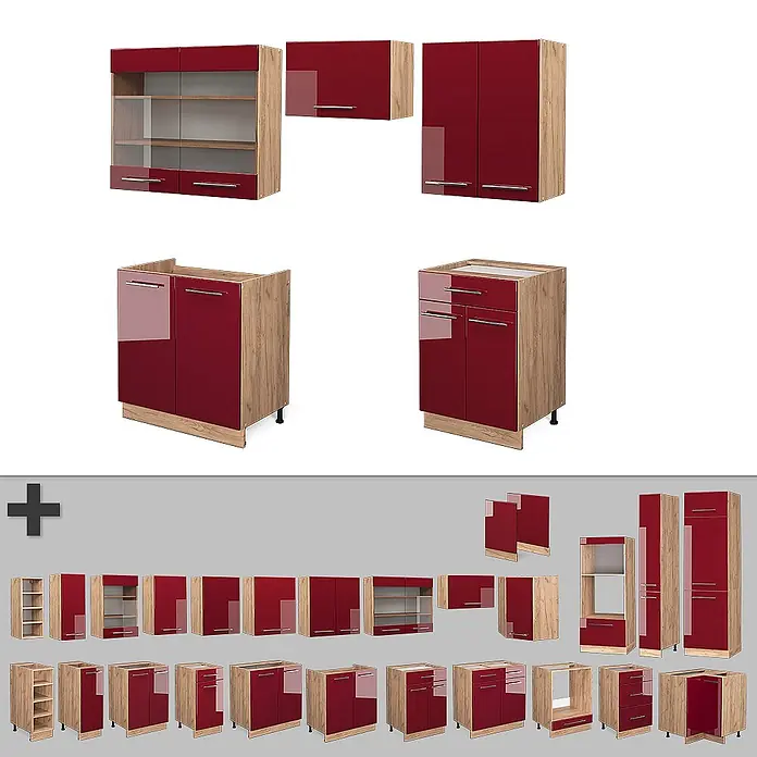 Vicco Küchenzeile Fame-Line Bordeaux Hochglanz/Goldkraft Eiche, AP Eiche - Breite: 200 cm, Bordeaux Hochglanz, Ohne Elektrogeräte - Modulare Küchenschränke mit glänzenden roten Türen und hellen Holz-Effekt-Rahmen in verschiedenen Konfigurationen.