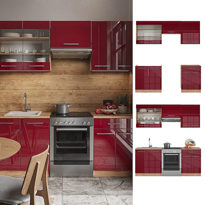 Vicco Küchenzeile Fame-Line Bordeaux Hochglanz/Goldkraft Eiche ohne Arbeitsplatte - Bordeaux Hochglanz, Ohne Elektrogeräte - Moderne Küche mit glänzenden roten Schränken, Arbeitsplatten/Rückwand aus Holz und integrierten Geräten.