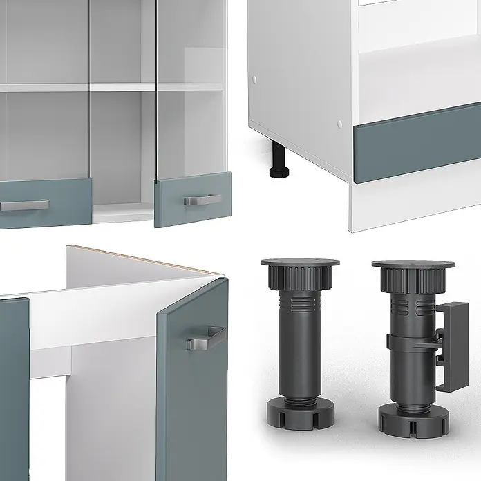 Vicco Eckküche R-Line Blau-Grau/Weiß, AP Anthrazit - B x T: 287 x 60 cm, Blau-Grau, Ohne Elektrogeräte - Modulare Schrankteile in Weiß und Türkis mit Glastüren, Griffen und verstellbaren dunkelgrauen Nivellierfüßen.