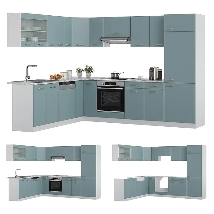 Vicco Eckküche R-Line Blau-Grau/Weiß, AP Anthrazit - B x T: 287 x 60 cm, Blau-Grau, Ohne Elektrogeräte - L-förmige Küchenzeile mit hellblauen Schränken, weißer Arbeitsplatte, Spüle, Backofen und Kochfeld, bietet viel Stauraum.