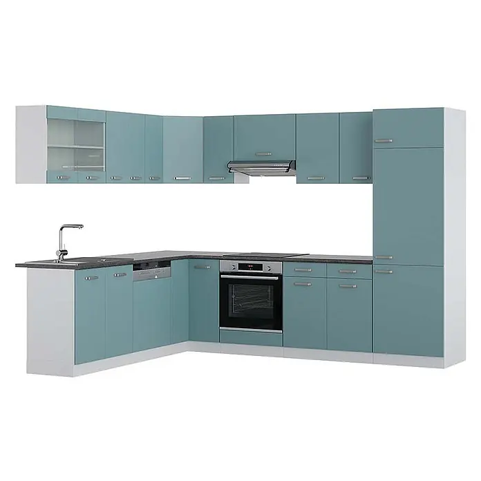 Vicco Eckküche R-Line Blau-Grau/Weiß, AP Anthrazit - B x T: 287 x 60 cm, Blau-Grau, Ohne Elektrogeräte - Helleblaue Eckküche mit dunkelgrauer Arbeitsplatte, integrierten Geräten, Spüle und Hochschrank.