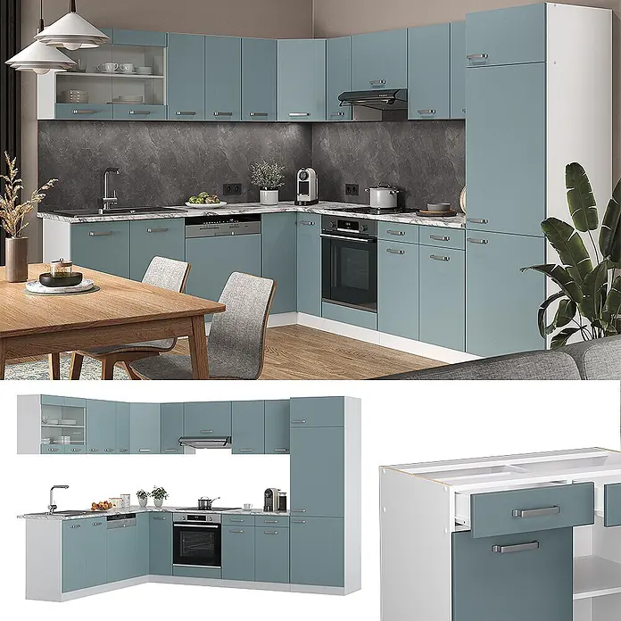 Vicco Eckküche R-Line Blau-Grau/Weiß, AP Anthrazit - B x T: 287 x 60 cm, Blau-Grau, Ohne Elektrogeräte - L-förmige Küchenzeile in Petrolblau mit weißen Elementen, integrierten Geräten und weißen Arbeitsplatten in einer modernen Küche.