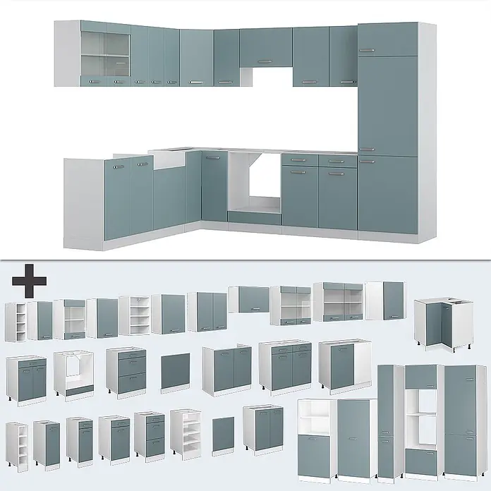 Vicco Eckküche R-Line Blau-Grau/Weiß, AP Anthrazit - B x T: 287 x 60 cm, Blau-Grau, Ohne Elektrogeräte - Hellblaue und weiße modulare Küchenschränke in Eckanordnung, mit verschiedenen einzelnen Modulen erhältlich.