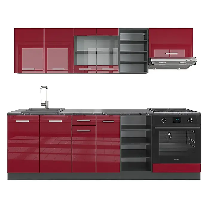 Vicco Küchenzeile R-Line Rot Hochglanz/Anthrazit, AP Anthrazit - Breite: 240 cm, Rot Hochglanz, Ohne Elektrogeräte - Moderne rote Küchenzeile mit hochglänzenden Schränken, grauer Arbeitsplatte, Spüle, Herd, Backofen und Dunstabzugshaube.
