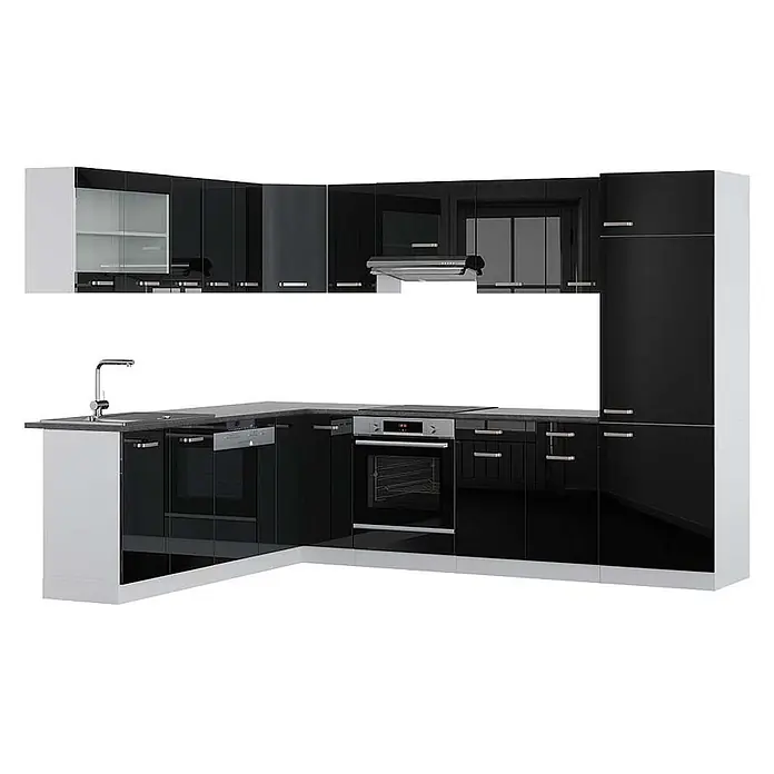Vicco Eckküche R-Line Schwarz Hochglanz/Weiß, AP Anthrazit - B x T: 287 x 60 cm, Schwarz Hochglanz, Ohne Elektrogeräte - Moderne L-Küche mit hochglänzenden schwarzen Fronten, weißen Seiten und grauer Arbeitsplatte, mit Spüle, Ofen, Kochfeld und Dunstabzugshaube.