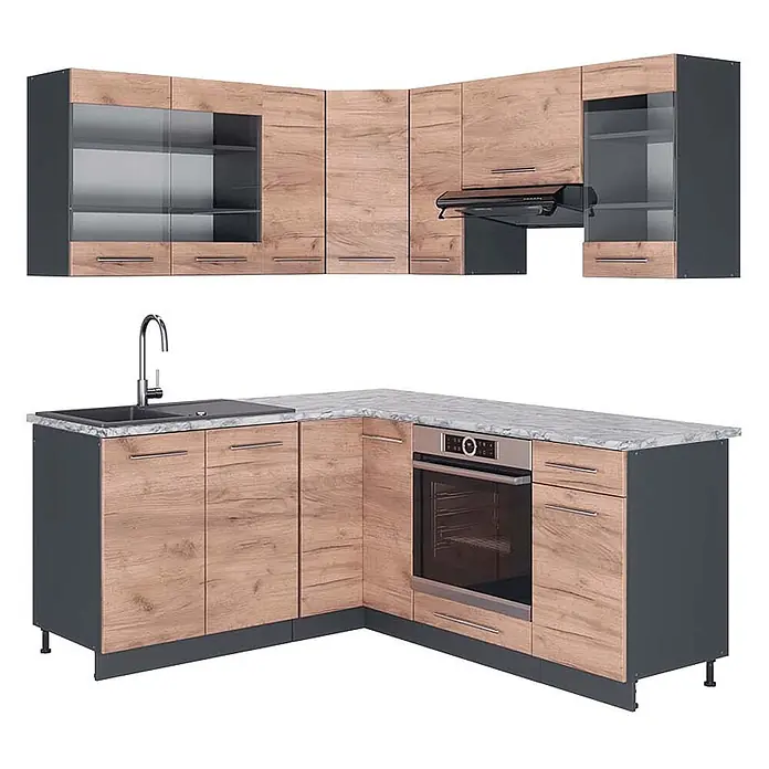 Vicco Eckküche Fame-Line Goldkraft Eiche/Anthrazit, AP Marmor - B x T: 190 x 60 cm, Goldkraft Eiche, Ohne Elektrogeräte - L-förmige Küchenzeile mit hellen Holzoptik- und dunkelgrauen Schränken, weißer Marmor-Arbeitsplatte, integrierter Spüle, Backofen und Dunstabzugshaube.