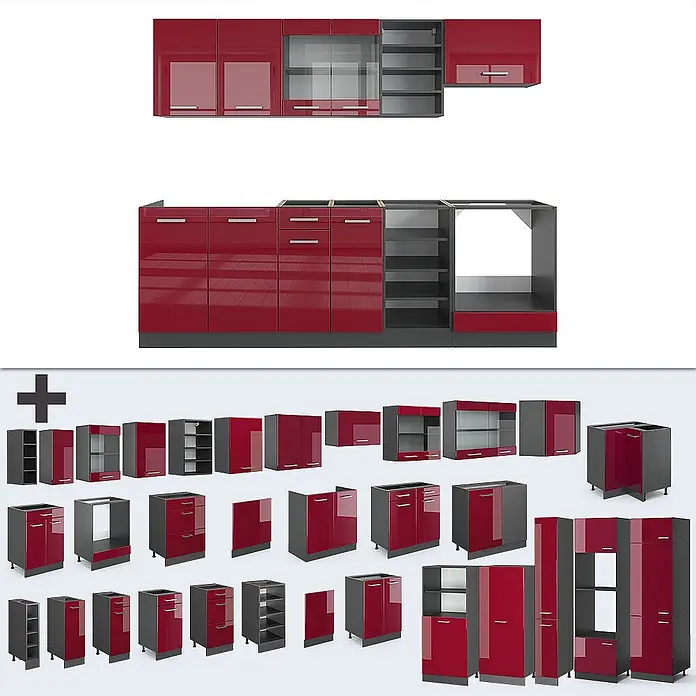 Vicco Küchenzeile R-Line Rot Hochglanz/Anthrazit ohne Arbeitsplatte - Rot Hochglanz, Ohne Elektrogeräte - Modulares Küchenschrank-Set mit glänzenden roten Fronten und dunkelgrauen Korpi, bestehend aus verschiedenen Unter-, Ober- und Hochschränken.