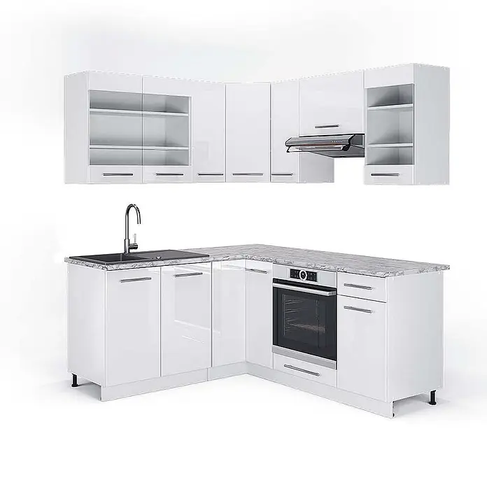 Vicco Eckküche Fame-Line Weiß Hochglanz/Weiß, AP Marmor - B x T: 190 x 60 cm, Weiß Hochglanz, Ohne Elektrogeräte - Hochglänzende weiße L-förmige Küchenzeile mit Marmor-Arbeitsplatte, Spüle, Backofen und passenden Oberschränken.