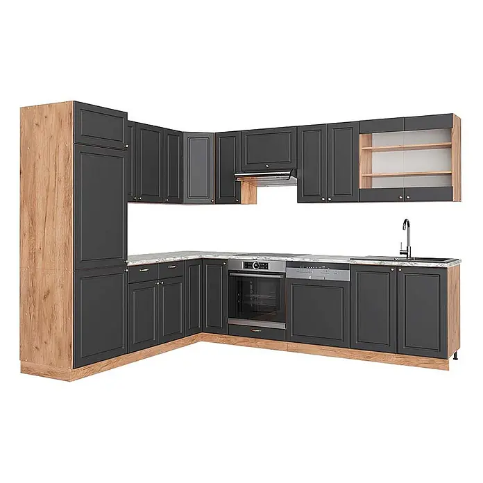 Vicco Eckküche Fame-Line Anthrazit Landhaus/Goldkraft Eiche, AP Marmor - B x T: 227 x 60 cm, Anthrazit Landhaus, Ohne Elektrogeräte - L-förmige Küche mit dunkelgrauen Schränken, Holzoptik-Akzenten und Marmorarbeitsplatte, mit integrierten Geräten und Stauraum.
