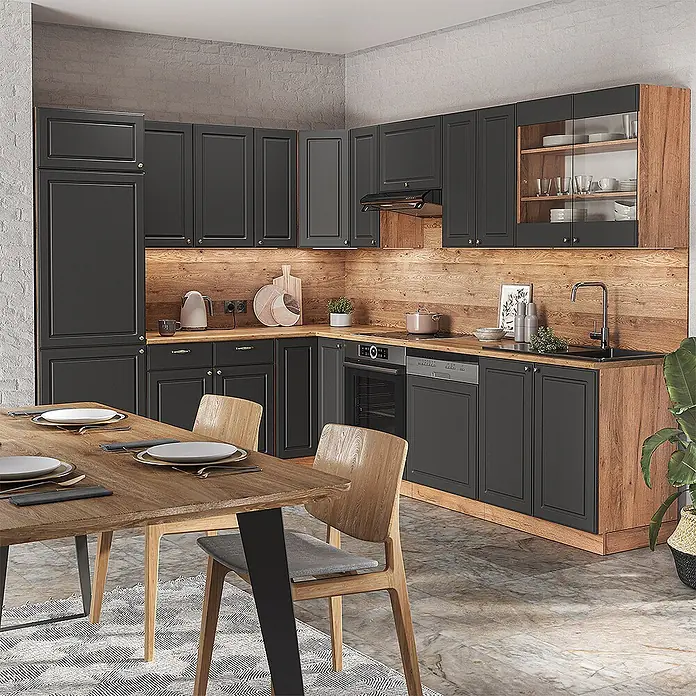 Vicco Eckküche Fame-Line Anthrazit Landhaus/Goldkraft Eiche, AP Marmor - B x T: 227 x 60 cm, Anthrazit Landhaus, Ohne Elektrogeräte - Moderne L-förmige Küche mit dunkelgrauen Schränken, Arbeitsplatten und Rückwand aus Holz, sowie integrierten Geräten.