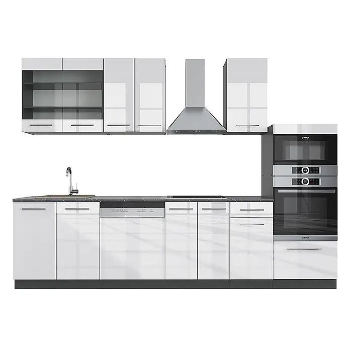 Vicco Küchenzeile Fame-Line Weiß Hochglanz/Anthrazit mit Hochschrank, ohne Arbeitsplatte - Breite: 300 cm, Weiß Hochglanz, Ohne Elektrogeräte - Moderne weiße Hochglanz-Modulküche mit dunkler Arbeitsplatte, Edelstahlelementen, Spüle und integriertem Backofen-Turm.