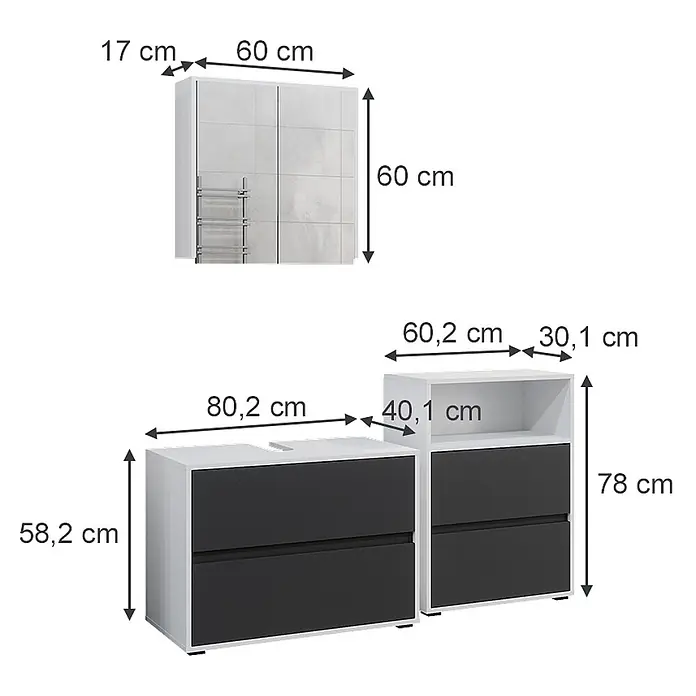 Vicco Badmöbel-Set Maltin Weiß/Anthrazit 3 Teile - Gesamtbreite Badmöbel: 140,4 cm, Weiß, Matt - Weiß-graue Badmöbel mit schwarzen Fronten: ein Wandschrank, ein Waschtischunterschrank und ein Beistellschrank mit offenem Fach und Schubladen.