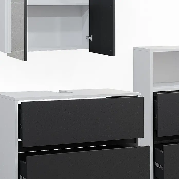 Vicco Badmöbel-Set Maltin Weiß/Anthrazit 3 Teile - Gesamtbreite Badmöbel: 140,4 cm, Weiß, Matt - Moderne modulare Möbel in Weiß und Anthrazit, mit offener Schranktür und Schubladen, die Stauraum zeigen.