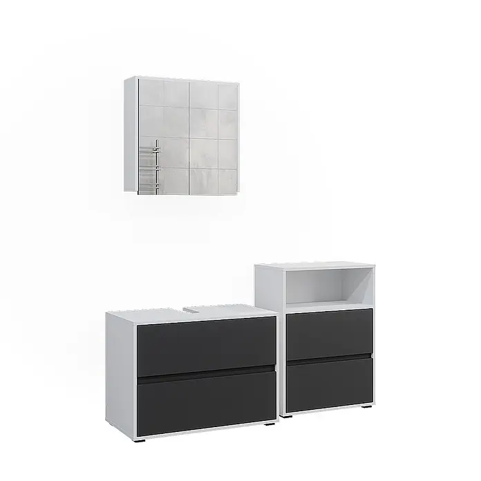 Vicco Badmöbel-Set Maltin Weiß/Anthrazit 3 Teile - Gesamtbreite Badmöbel: 140,4 cm, Weiß, Matt - Badezimmermöbel-Set mit Spiegelschrank mit grauen Fliesen und zwei grau-schwarzen Unterschränken mit Schubladen und Waschtisch-Ausschnitt.