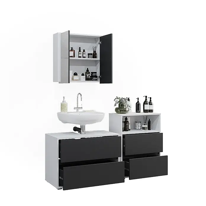 Vicco Badmöbel-Set Maltin Weiß/Anthrazit 3 Teile - Gesamtbreite Badmöbel: 140,4 cm, Weiß, Matt - Modernes Badmöbel-Set in Weiß und Dunkelgrau mit Waschbecken, Wandschrank und Schubladenelementen.
