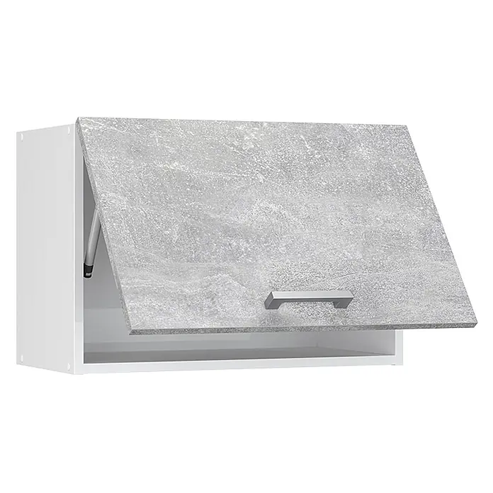 Vicco Schrankküche R-Line Beton Flach - Beton, Hängeschrank 60 cm (flach) - Weißer Hängeschrank mit grauer Betonoptik-Klapptür und silbernem Griff, teilweise geöffnet.