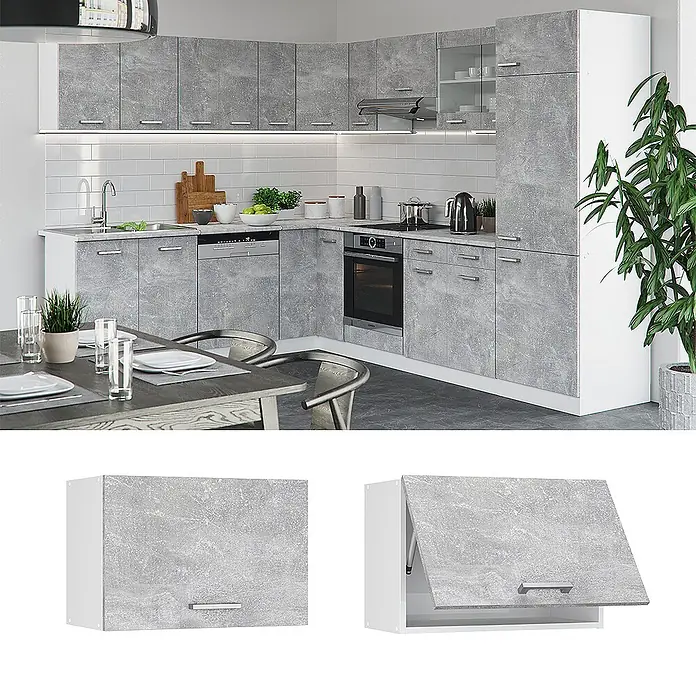 Vicco Schrankküche R-Line Beton Flach - Beton, Hängeschrank 60 cm (flach) - Moderne Eckküche mit grauen Betonoptik-Schränken, weißen Elementen und integrierten Geräten. Ein Oberschrank mit Klapptür ist ebenfalls abgebildet.