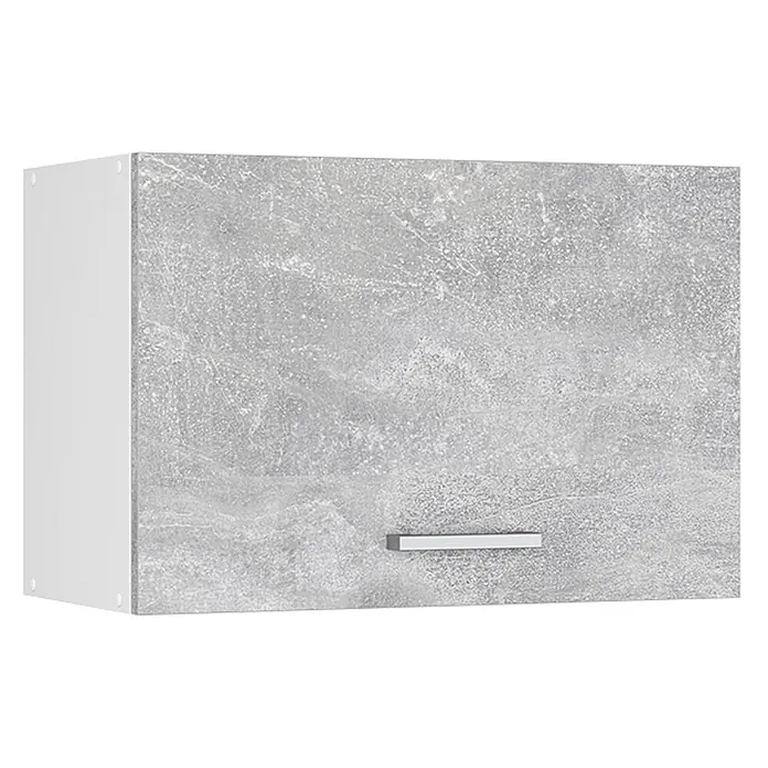 Vicco Schrankküche R-Line Beton Flach - Beton, Hängeschrank 60 cm (flach) - Grauer Wandschrank in Betonoptik mit weißen Seiten und silbernem Griff.