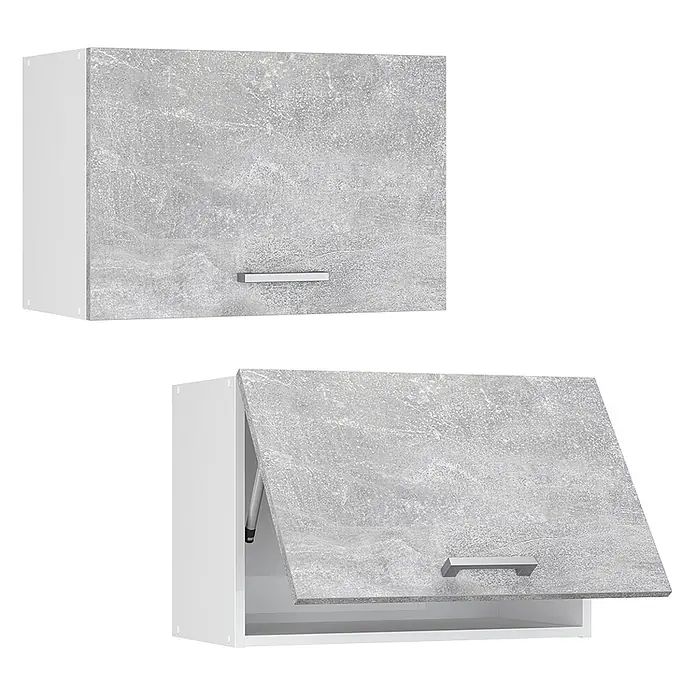 Vicco Schrankküche R-Line Beton Flach - Beton, Hängeschrank 60 cm (flach) - Weißer Küchen-Oberschrank mit grauer Betonoptik-Tür, einer geschlossen, einer offen mit Klappmechanismus.