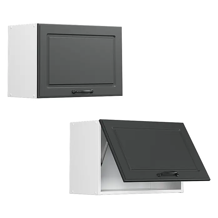 Vicco Schrankküche R-Line Anthrazit Landhaus Flach - Breite: 60 cm, Anthrazit Landhaus, Hängeschrank 60 cm (flach) - Weißer und dunkelgrauer Küchenwandschrank mit Klapptür, geschlossen und geöffnet dargestellt.