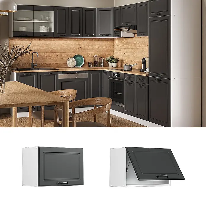 Vicco Schrankküche R-Line Anthrazit Landhaus Flach - Breite: 60 cm, Anthrazit Landhaus, Hängeschrank 60 cm (flach) - Moderne Küche mit dunkelgrauen Paneel-Schränken, Holz-Arbeitsplatte und Spritzschutz.
