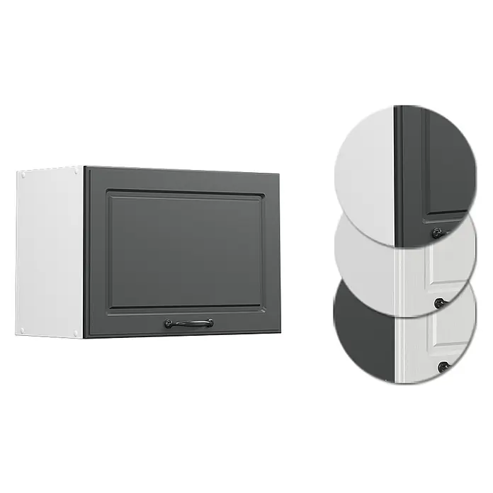 Vicco Schrankküche R-Line Anthrazit Landhaus Flach - Breite: 60 cm, Anthrazit Landhaus, Hängeschrank 60 cm (flach) - Dunkelgrauer Küchenoberschrank mit weißer Seitenwand und dunklem Griff.