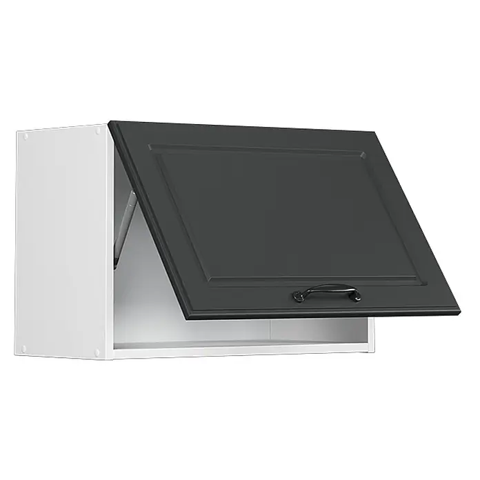 Vicco Schrankküche R-Line Anthrazit Landhaus Flach - Breite: 60 cm, Anthrazit Landhaus, Hängeschrank 60 cm (flach) - Weißer Wandschrank mit dunkelgrauer, kassettierter Klapptür und schwarzem Griff.