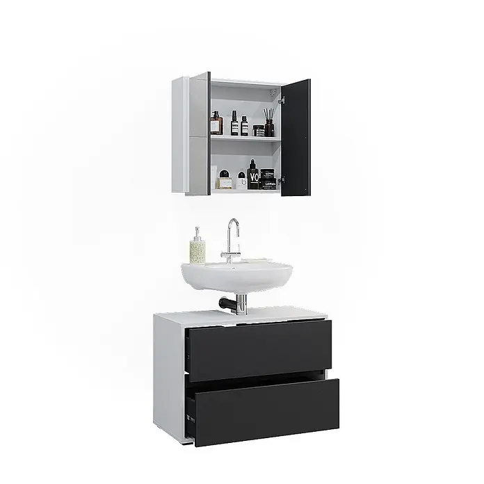 Vicco Badmöbel-Set Maltin Weiß/Anthrazit 2 Teile - Gesamtbreite Badmöbel: 80,2 cm, Weiß, Matt - Moderne weiß-dunkelgraue Badmöbelkombination mit Waschbecken und Wandschrank, offene Schubladen und Türen zeigen Toilettenartikel.