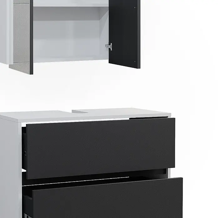 Vicco Badmöbel-Set Maltin Weiß/Anthrazit 2 Teile - Gesamtbreite Badmöbel: 80,2 cm, Weiß, Matt - Zweiteiliger Badschrank in Weiß und Anthrazit. Oberschrank mit offenen Türen, Unterschrank mit zwei offenen Schubladen.