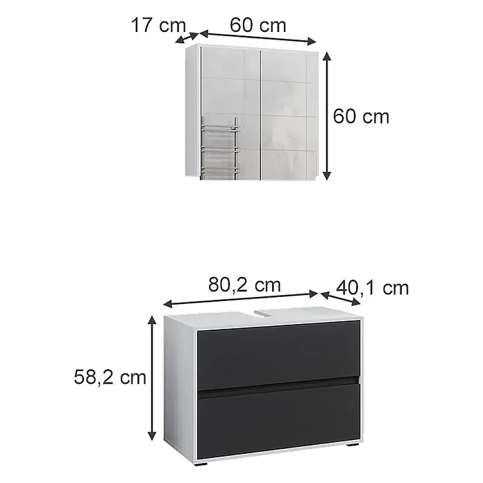 Vicco Badmöbel-Set Maltin Weiß/Anthrazit 2 Teile - Gesamtbreite Badmöbel: 80,2 cm, Weiß, Matt - Weißer Badezimmer-Hängeschrank und ein weißer Waschtischunterschrank mit schwarzen Schubladen.