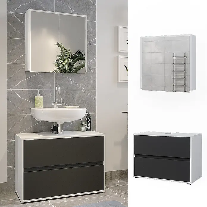 Vicco Badmöbel-Set Maltin Weiß/Anthrazit 2 Teile - Gesamtbreite Badmöbel: 80,2 cm, Weiß, Matt - Modernes dunkelgrau-weißes Badmöbelset mit Waschbecken und Spiegelschrank im Badambiente.