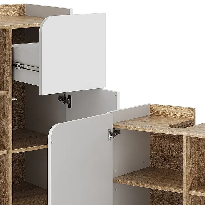 Vicco Badmöbel-Set Karen Sonoma/Weiß 4 Teile - Gesamtbreite Badmöbel: 160 cm, Sonoma, Matt - Modulares Holzschrankelement in heller Holzoptik mit weißen Schubladen- und Türfronten. Zeigt eine offene Schublade und eine offene Schranktür.
