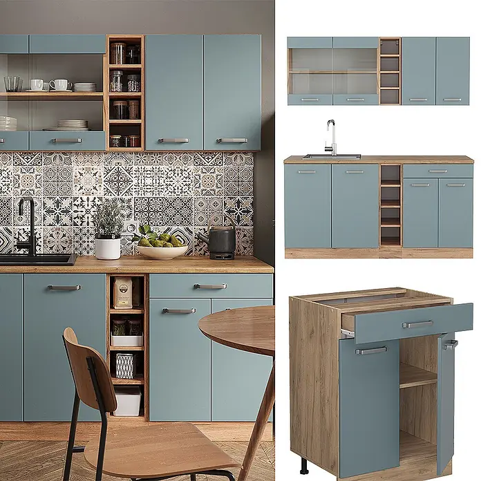 Vicco Singleküche R-Line Blau-Grau/Goldkraft Eiche ohne Arbeitsplatte - Blau-Grau, Ohne AP - Moderne Küchenschränke mit blaugrauen Türen und Holzakzenten, in Küchenumgebung und als modulare Komponenten gezeigt.