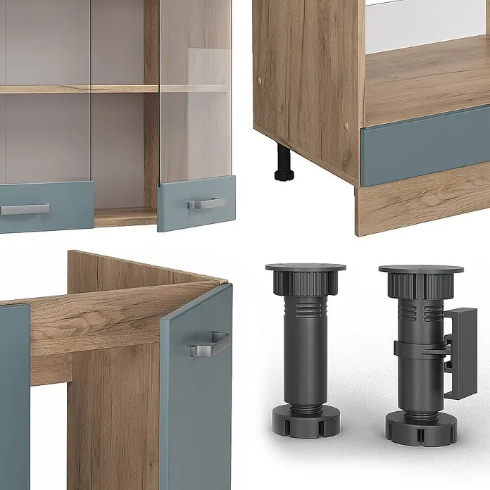 Vicco Eckküche R-Line Blau-Grau/Goldkraft Eiche ohne Arbeitsplatte - Blau-Grau, Ohne Elektrogeräte - Modulare Möbelteile in Holzoptik und Blau-Grau, mit Glastüren und Griffen, zusammen mit dunkelgrauen verstellbaren Kunststofffüßen.
