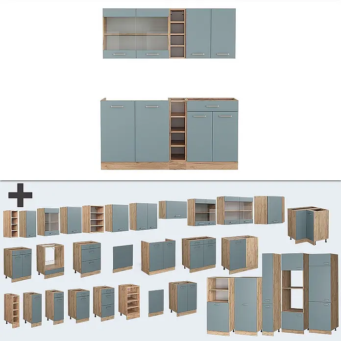 Vicco Singleküche R-Line Blau-Grau/Goldkraft Eiche ohne Arbeitsplatte - Blau-Grau, Ohne AP - Modulare Küchenschränke in Blau-Grau und Holzoptik.