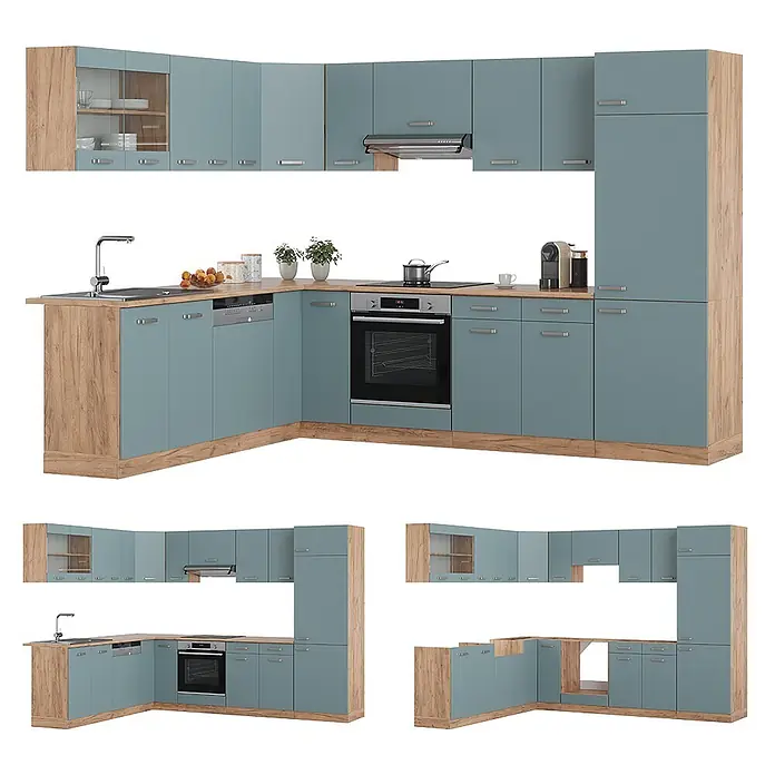 Vicco Eckküche R-Line Blau-Grau/Goldkraft Eiche ohne Arbeitsplatte - Blau-Grau, Ohne Elektrogeräte - Eckküche in L-Form mit hellblauen/grauen Fronten, Holzoptik-Arbeitsplatte, Spüle, Backofen und Geschirrspüler. Inklusive Ober- und Unterschränke.