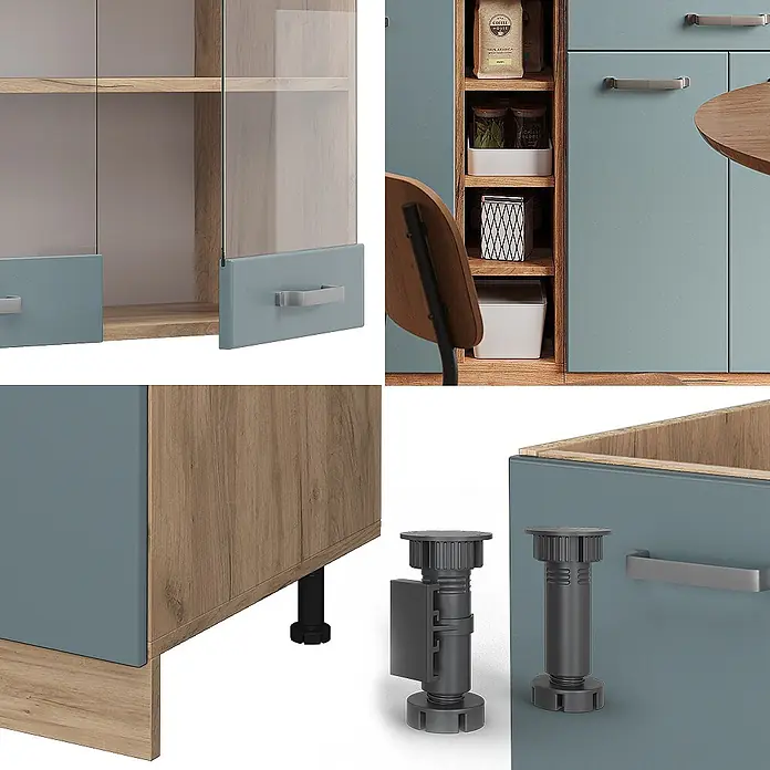Vicco Singleküche R-Line Blau-Grau/Goldkraft Eiche ohne Arbeitsplatte - Blau-Grau, Ohne AP - Modulares Schranksystem in Holzoptik und Blau-Grau mit Glastüren, gezeigt mit verstellbaren Nivellierfüßen.