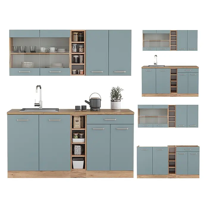 Vicco Singleküche R-Line Blau-Grau/Goldkraft Eiche ohne Arbeitsplatte - Blau-Grau, Ohne AP - Modulare Küchenschrank-Garnitur in Staubblau mit Holzdetails, Glasfronten und integrierter Spüle.