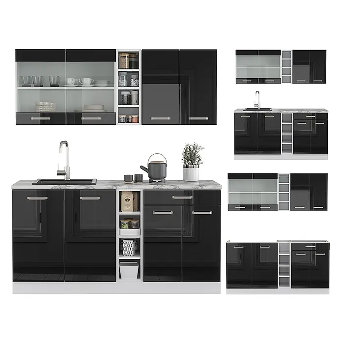 Vicco Singleküche R-Line Schwarz Hochglanz/Weiß ohne Arbeitsplatte - Breite: 160 cm, Schwarz Hochglanz, Ohne AP - Modulare Küchenzeile mit schwarzen Hochglanzschränken, weißer Marmor-Arbeitsplatte, offenen Regalen und Glasoberschränken, Spülbereich.