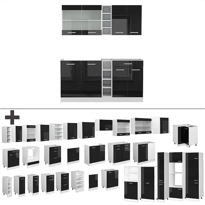 Vicco Singleküche R-Line Schwarz Hochglanz/Weiß, AP Anthrazit - Schwarz Hochglanz, Mit AP Anthrazit - Modulare schwarz-weiße Küchenschränke mit glänzenden Fronten und offenen Regalen.