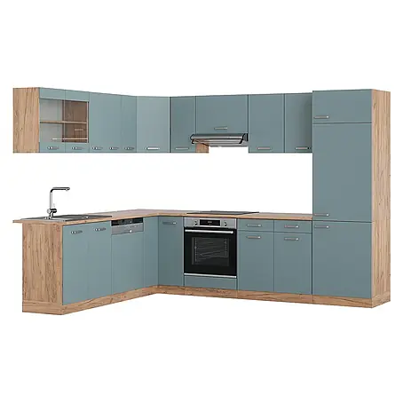 Vicco  Eckküche R-Line Blau-Grau/Goldkraft Eiche ohne Arbeitsplatte