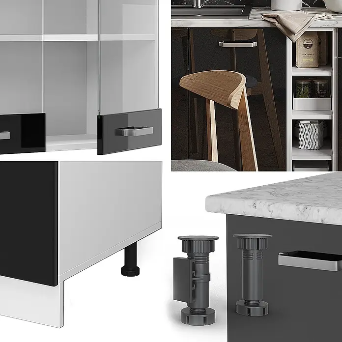 Vicco Singleküche R-Line Schwarz Hochglanz/Weiß ohne Arbeitsplatte - Breite: 160 cm, Schwarz Hochglanz, Ohne AP - Modulare Küchenschrankelemente mit Glastüren, glänzend schwarzen Paneelen, verstellbaren Beinen und eleganten silbernen Griffen.