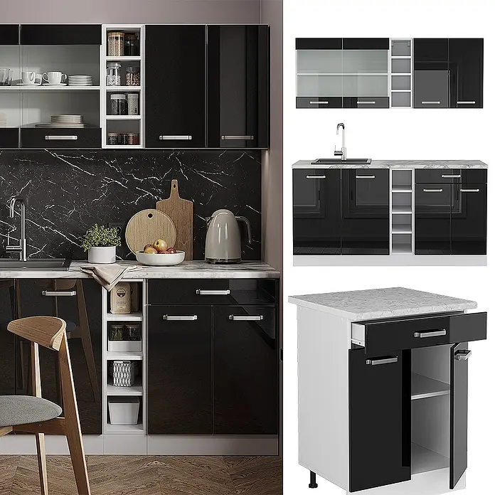 Vicco Singleküche R-Line Schwarz Hochglanz/Weiß ohne Arbeitsplatte - Breite: 160 cm, Schwarz Hochglanz, Ohne AP - Modernes Küchenset mit hochglänzenden schwarzen Schränken, marmorierten Oberflächen und funktionalem Stauraum.