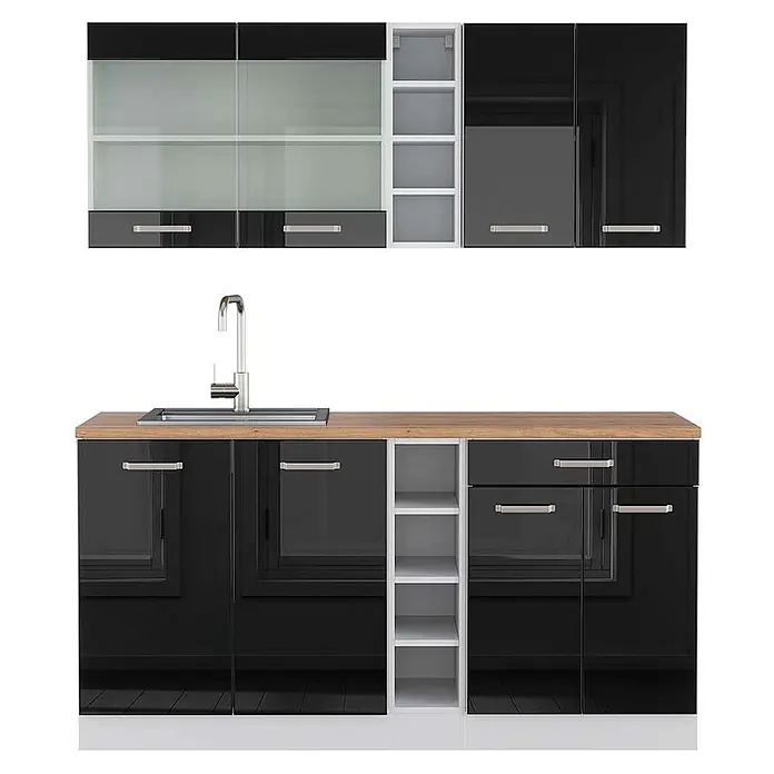 Vicco Singleküche R-Line Schwarz Hochglanz/Weiß, AP Eiche - Breite: 160 cm, Schwarz Hochglanz, Mit AP Eiche - Schwarze Hochglanz-Küchenzeile mit Arbeitsplatte in Holzoptik, Spüle, Glastüren und weißen offenen Regalen.