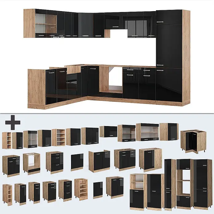 Vicco Eckküche R-Line Schwarz Hochglanz/Goldkraft Eiche, AP Eiche - B x T: 287 x 60 cm, Schwarz Hochglanz, Ohne Elektrogeräte - Modulare Küche mit schwarzen Hochglanzfronten und heller Holzoptik, als L-förmige Anordnung und Einzelmodule dargestellt.