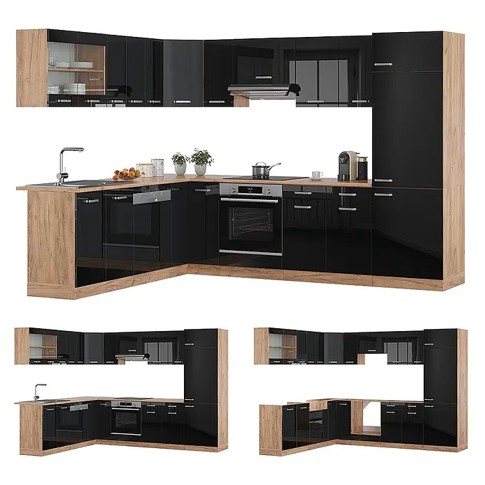 Vicco Eckküche R-Line Schwarz Hochglanz/Goldkraft Eiche, AP Eiche - B x T: 287 x 60 cm, Schwarz Hochglanz, Ohne Elektrogeräte - L-förmige Küche mit hochglänzend schwarzen Schränken und Holzoptik-Arbeitsplatte, inkl. integrierter Geräte und Hochschrank.