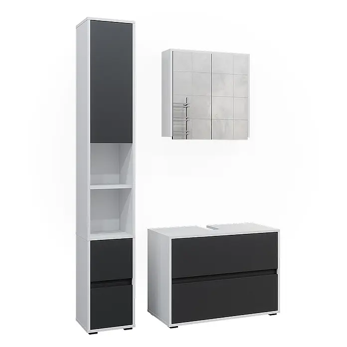 Vicco Badmöbel-Set Maltin Weiß/Anthrazit 3 Teile, mit Hochschrank - Gesamtbreite Badmöbel: 110,4 cm, Weiß, Matt - Modulares Badmöbel-Set in Weiß und Dunkelgrau: Hochschrank, Spiegelschrank und Waschtischunterschrank mit Schubladen.